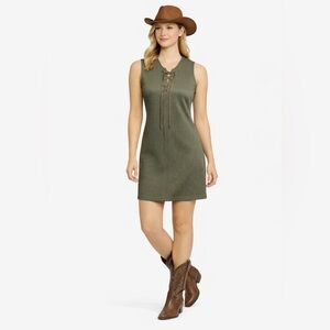 BLACK SWAN Dress Size M Green Leather Lace Up Peak A Boo Waffle Weave